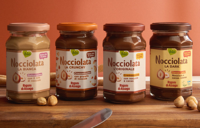 I quattro tipi di Nocciolata RIgoni di Asiago: Bianca, Crunchy, Originale, Dark
